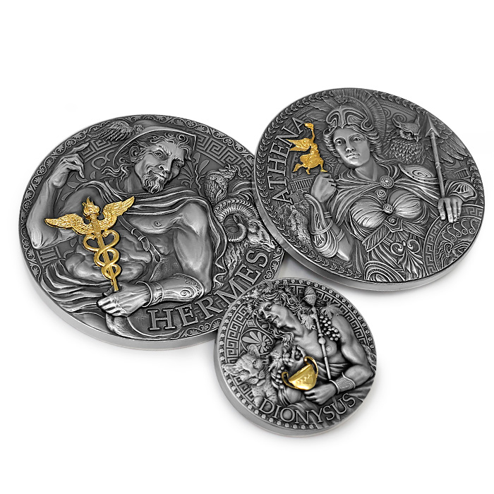 Přední strana Ediční set VII. stříbrných mincí série Velká řecká mytologie 2024 Antique Standard