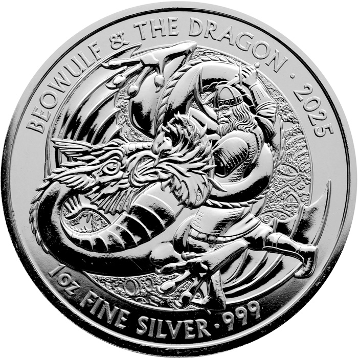 Přední strana Stříbrná investiční mince Mýty a legendy - Beowulf a Drak 1 Oz 2025