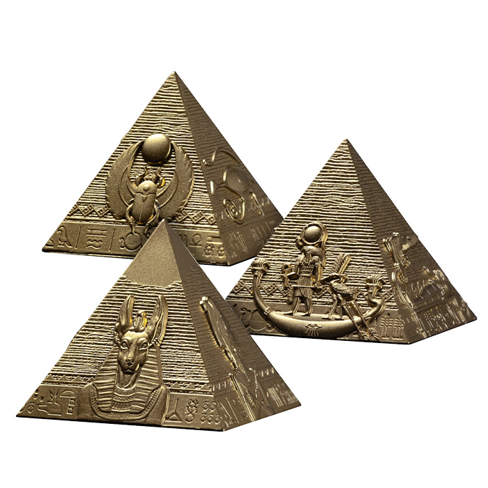 Přední strana Sada tří stříbrných pozlacených mincí Pyramidy v Gíze 2025 Antique Standard