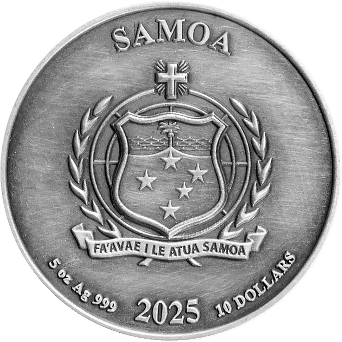 Zadní strana Strieborná 3D minca 5 Oz Neptunov trojzubec 2025 Antique Standard