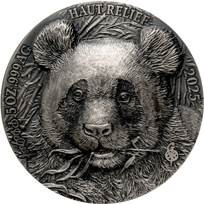 Přední strana Stříbrná mince 5 Oz Panda - Big Five Asia High Relief 2025 Antique Standard