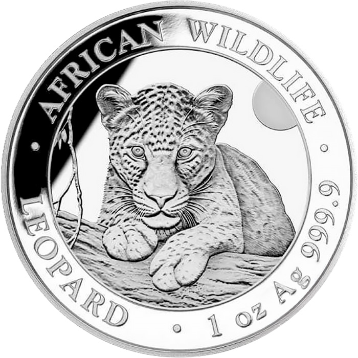 Přední strana Stříbrná investiční mince Leopard Somálsko 1 Oz 2025