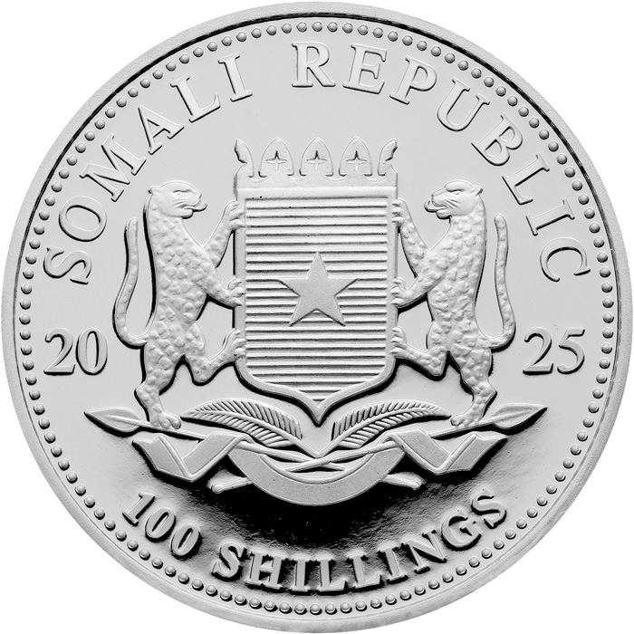 Zadní strana Stříbrná investiční mince Leopard Somálsko 1 Oz 2025