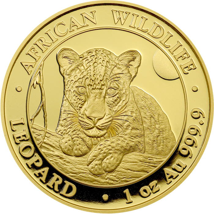 Přední strana Zlatá investiční mince Leopard Somálsko 1 Oz 2025