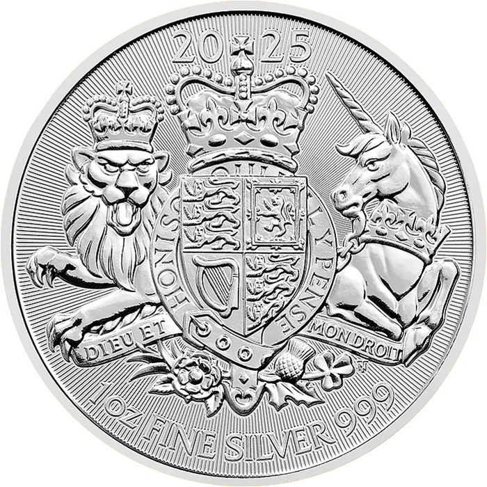Přední strana Stříbrná investiční mince Royal Arms 1 Oz 2025