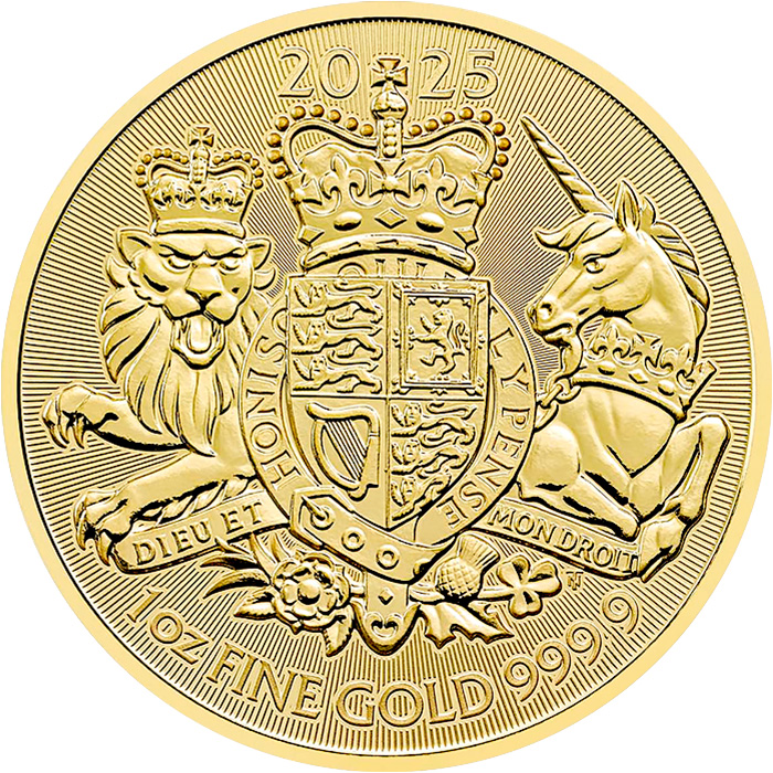Přední strana Zlatá investiční mince Royal Arms 1 Oz 2025