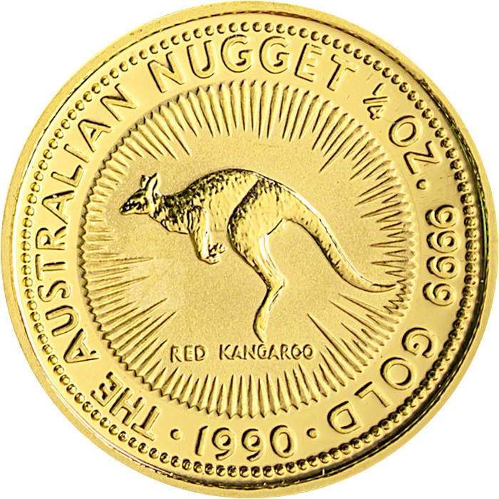 Přední strana Zlatá investiční mince The Australian Nugget 1/4 Oz 1990