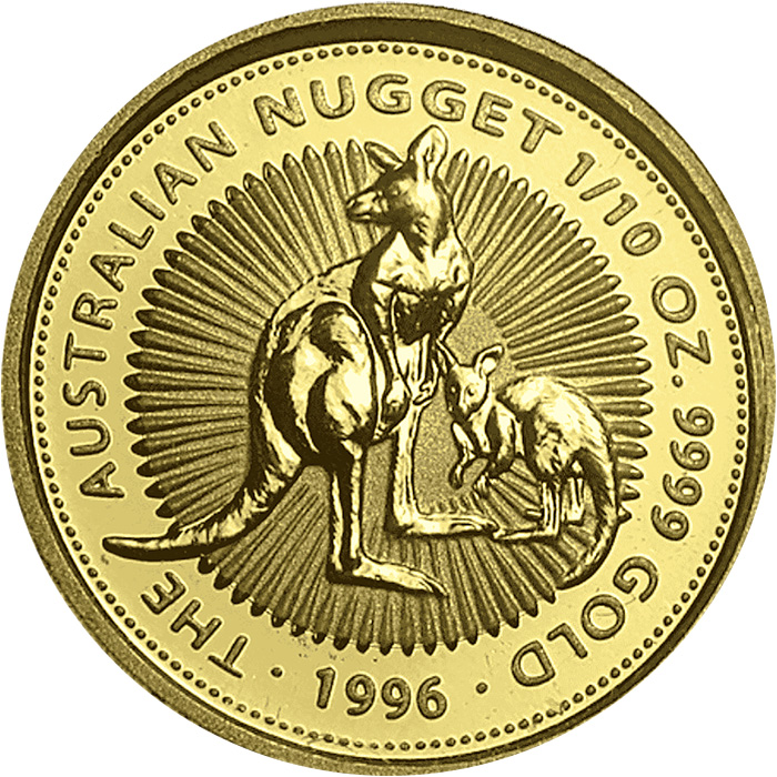 Přední strana Zlatá investiční mince The Australian Nugget 1/10 Oz 1996