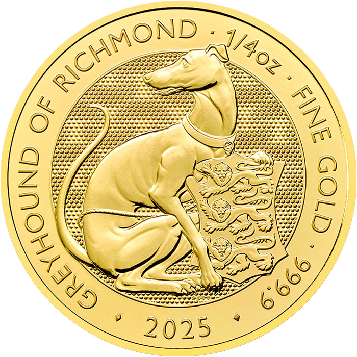 Přední strana Zlatá investičná minca The Royal Tudor Beasts - The Greyhound of Richmond 1/4 Oz 2025