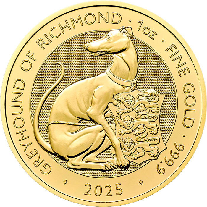 Přední strana Zlatá investičná minca The Royal Tudor Beasts - The Greyhound of Richmond 1 Oz 2025