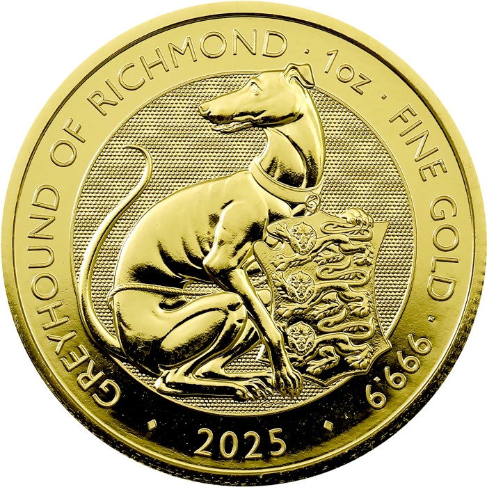 Přední strana Zlatá investiční mince The Royal Tudor Beasts - The Greyhound of Richmond 1 Oz 2025