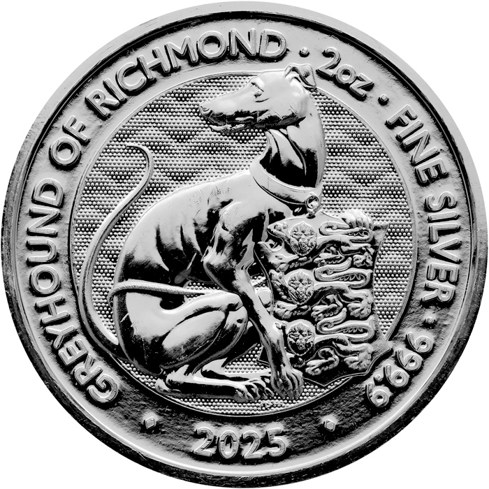 Přední strana Strieborná investičná minca The Royal Tudor Beasts - The Greyhound of Richmond 2 Oz 2025