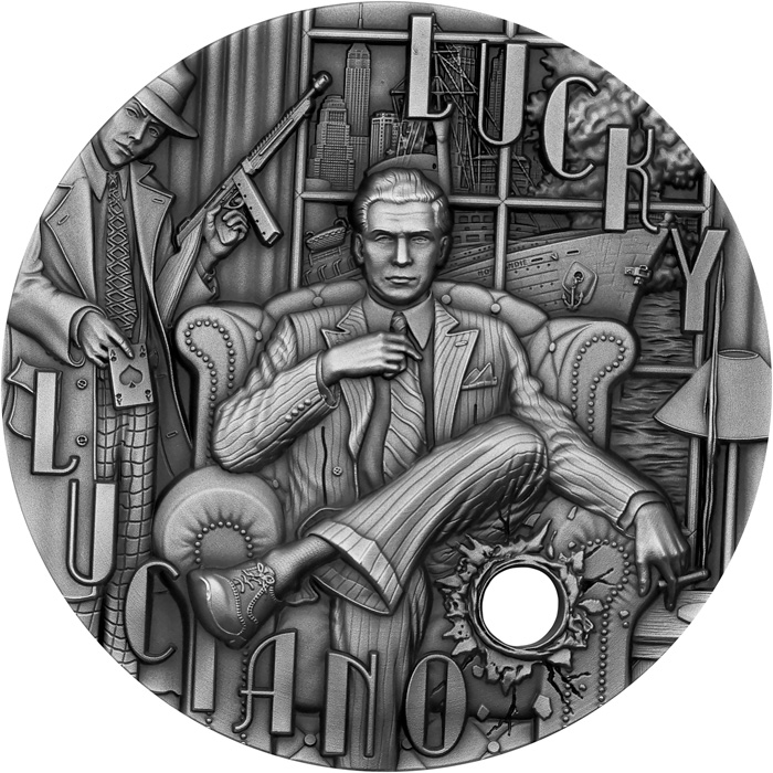 Přední strana Stříbrná mince Gangsters - Lucky Luciano 2 Oz 2024 Antique Standard