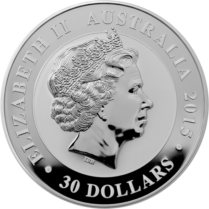 Zadní strana Stříbrná investiční mince Kookaburra Ledňáček 1 Kg 2015