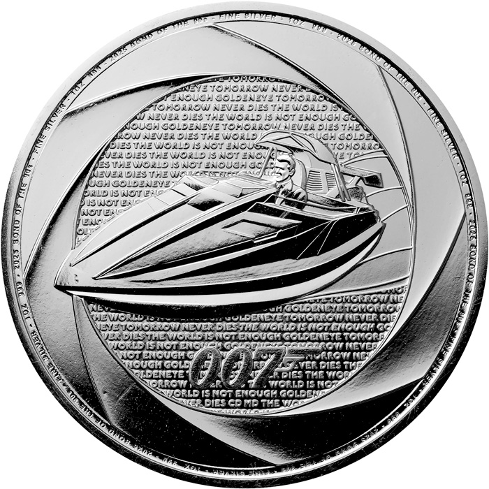 Přední strana Stříbrná investiční mince Šest dekád 007 - Bond 90. let 1 Oz 2025