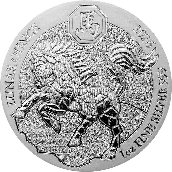 Přední strana Stříbrná investiční mince Rok Koně Rwanda 1 Oz 2026