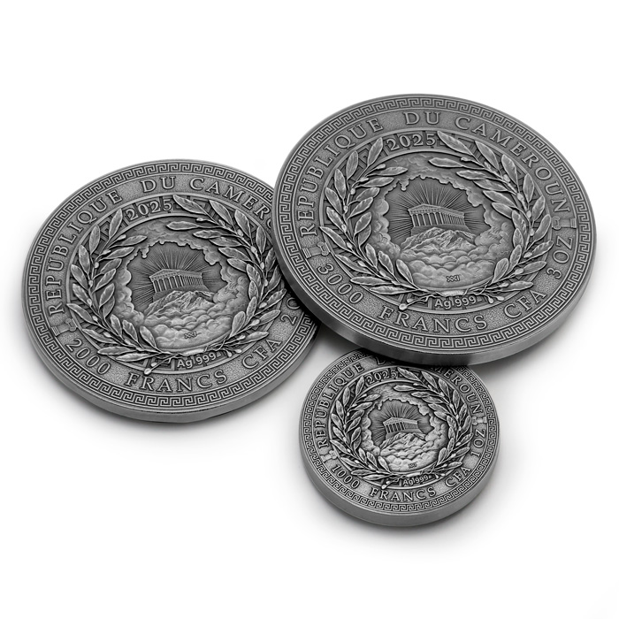 Zadní strana Edičný set XI. strieborných mincí séria Veľká grécka mytológia 2025 Antique Standard