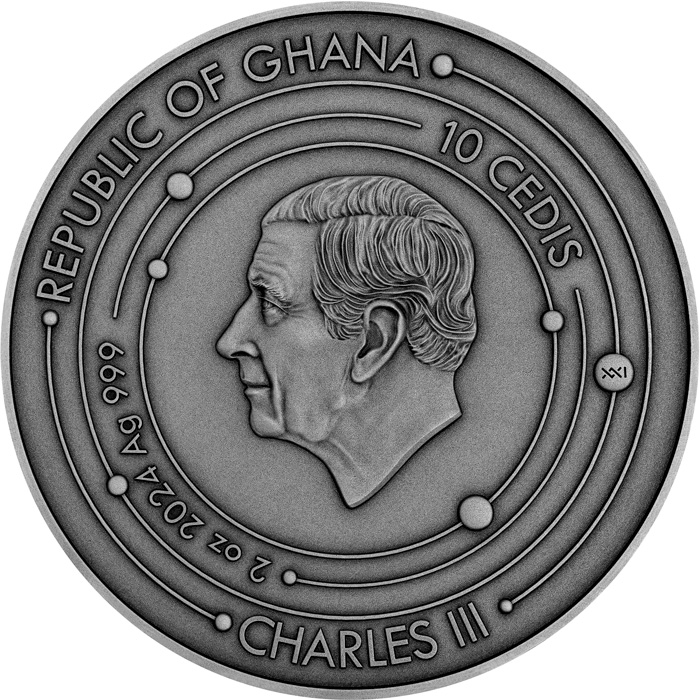 Zadní strana Stříbrná mince The Solar System - Měsíc 2025 Antique Standard