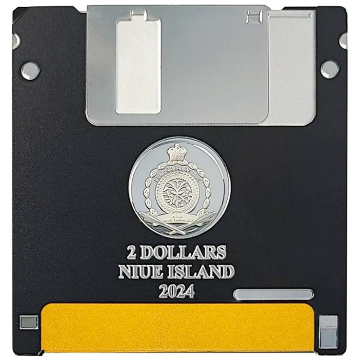 Zadní strana Stříbrná kolorovaná mince TechStalgic - Floppy disk 2024 Proof
