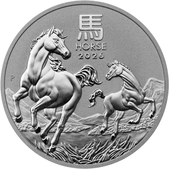 Přední strana Stříbrná investiční mince Year of the Horse Rok Koně Lunární 1 Oz 2026