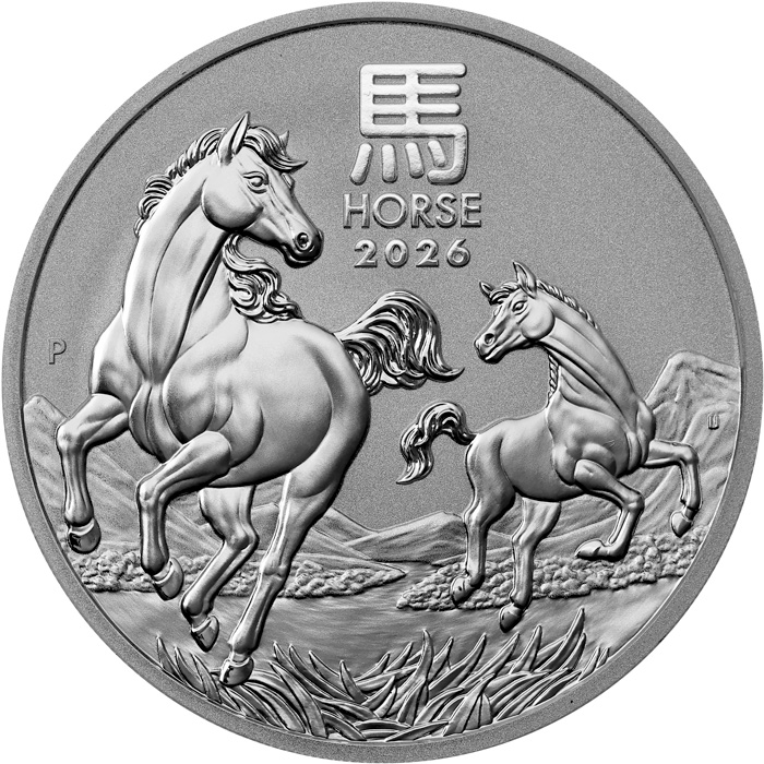 Přední strana Stříbrná investiční mince Year of the Horse Rok Koně Lunární 2 Oz 2026