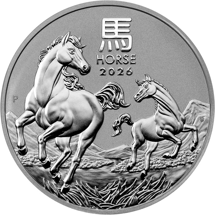 Přední strana Stříbrná investiční mince Year of the Horse Rok Koně Lunární 5 Oz 2026