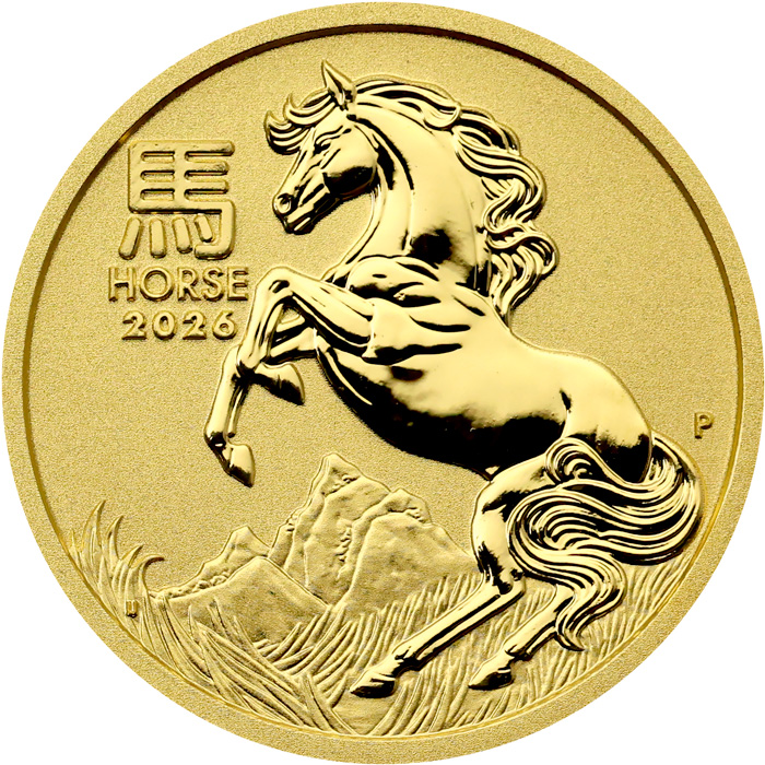 Přední strana Zlatá investiční mince Year of the Horse Rok Koně Lunární 1/10 Oz 2026