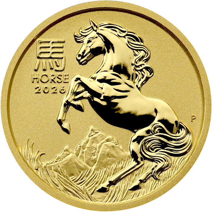 Přední strana Zlatá investiční mince Year of the Horse Rok Koně Lunární 1/4 Oz 2026