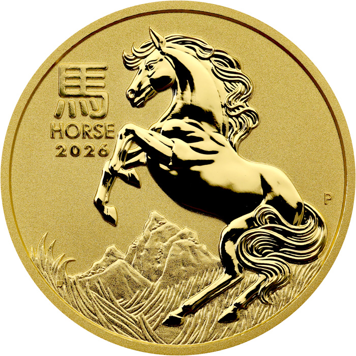 Přední strana Zlatá investiční mince Year of the Horse Rok Koně Lunární 1 Oz 2026
