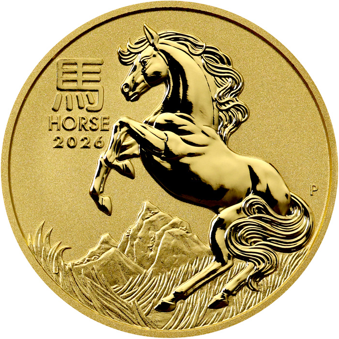 Přední strana Zlatá investiční mince Year of the Horse Rok Koně Lunární 2 Oz 2026