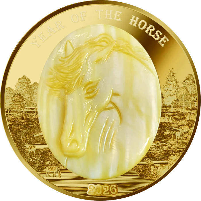 Přední strana Zlatá mince 5 Oz Year of the Horse - Rok Koně 2026 Perleť Proof