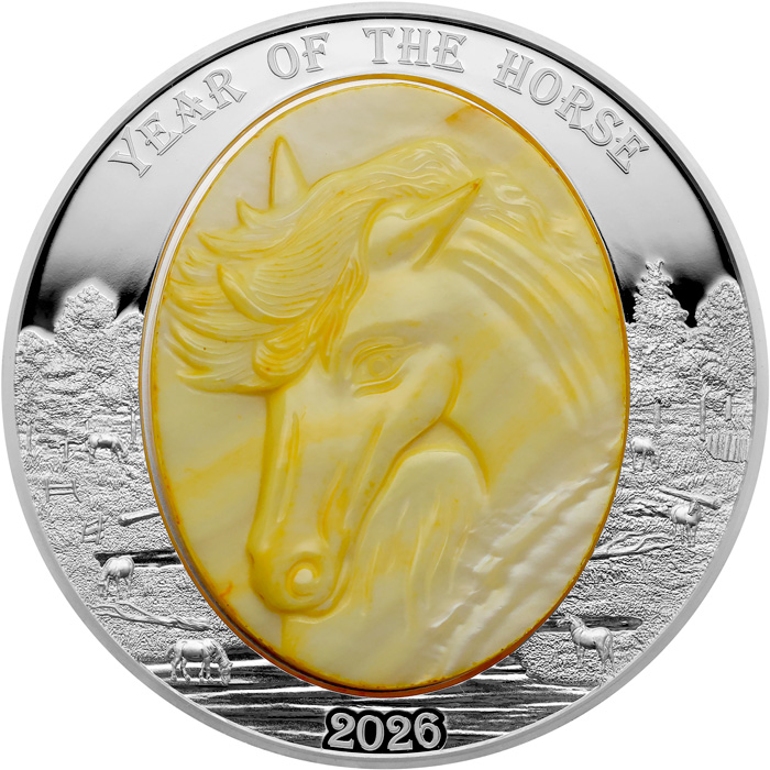 Přední strana Stříbrná mince 5 Oz Year of the Horse - Rok Koně 2026 Perleť Proof