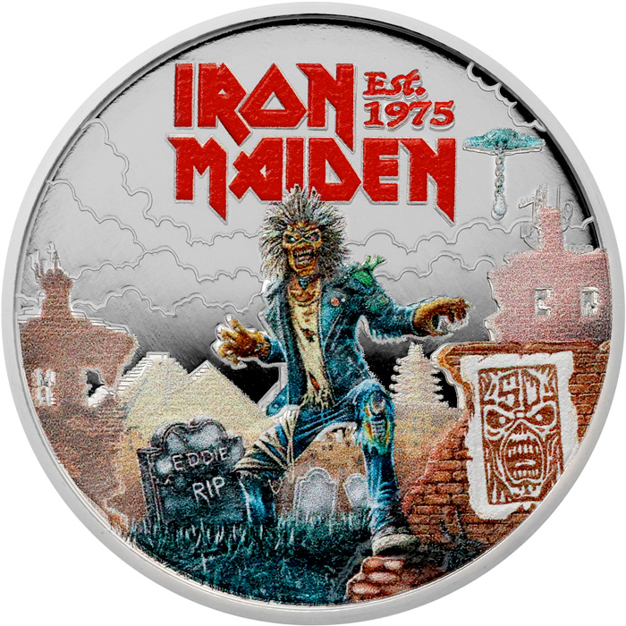Přední strana Stříbrná mince Hudební legendy - Iron Maiden 1 Oz 2025 Proof