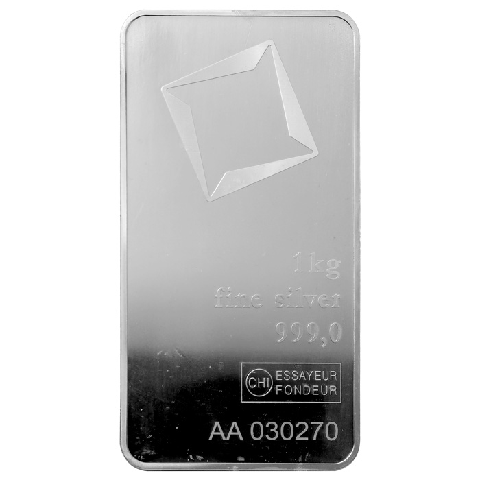 Přední strana 1000g Valcambi SA Švýcarsko Investiční stříbrný slitek ražený