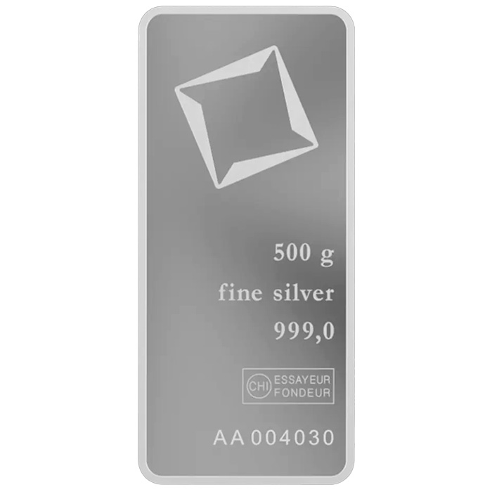 Přední strana 500g Valcambi SA Švýcarsko Investiční stříbrný slitek ražený