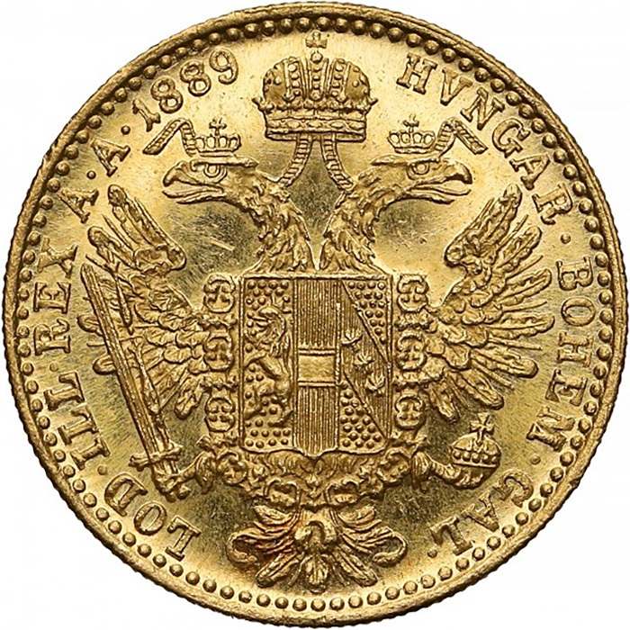 Přední strana Zlatá mince Dukát Františka Josefa I. 1889 Rakouská ražba