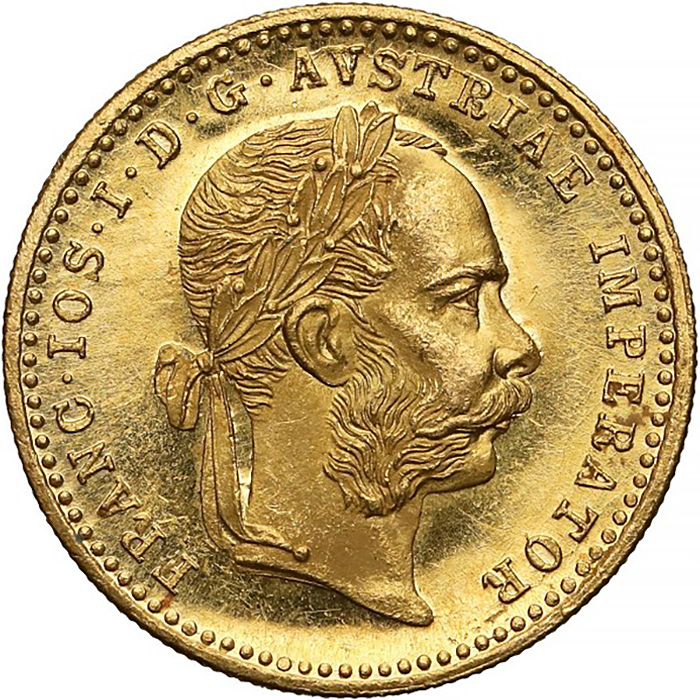 Zadní strana Zlatá mince Dukát Františka Josefa I. 1889 Rakouská ražba