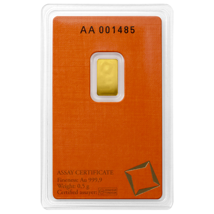 Zadní strana 0,5g Valcambi SA Švýcarsko Investiční zlatý slitek