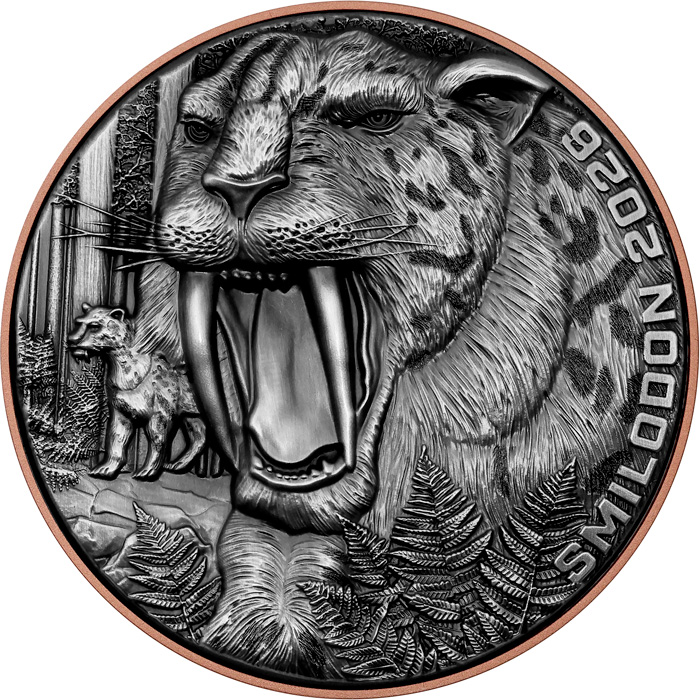 Přední strana  Bimetalová mince Smilodon 2026 Antique Standard