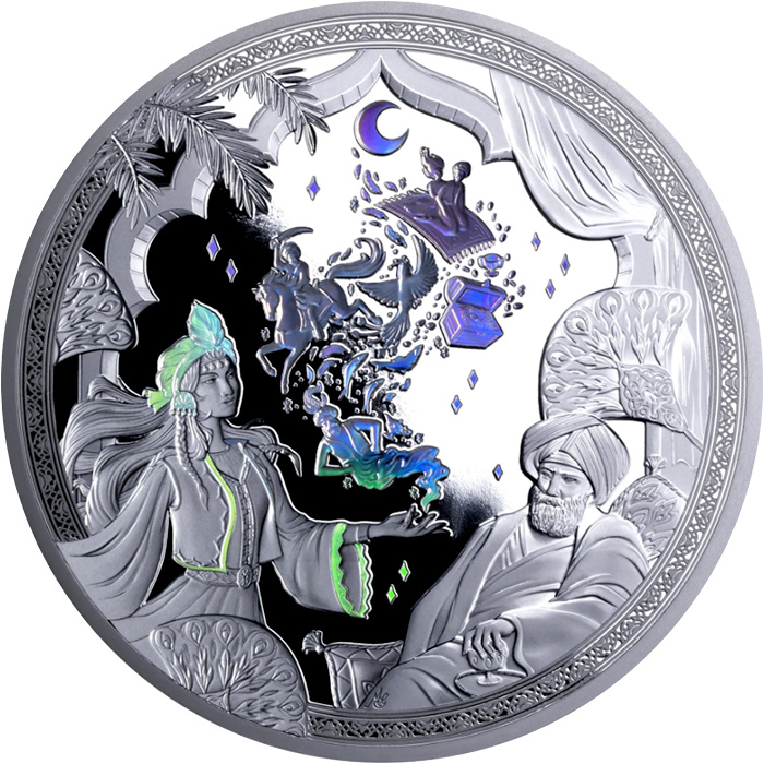 Přední strana Strieborná minca s hologramom 2 Oz Ozveny starovekého Východu – 1001 nocí Proof