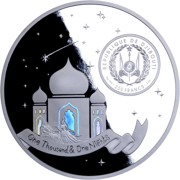 Zadní strana Strieborná minca s hologramom 2 Oz Ozveny starovekého Východu – 1001 nocí Proof