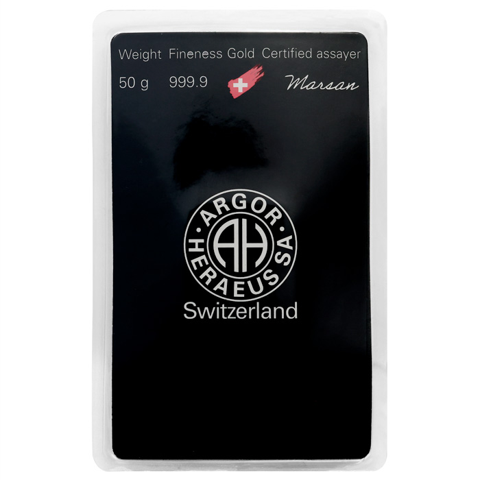 Zadní strana 50g Argor Heraeus SA Švýcarsko Investiční zlatý slitek Litý