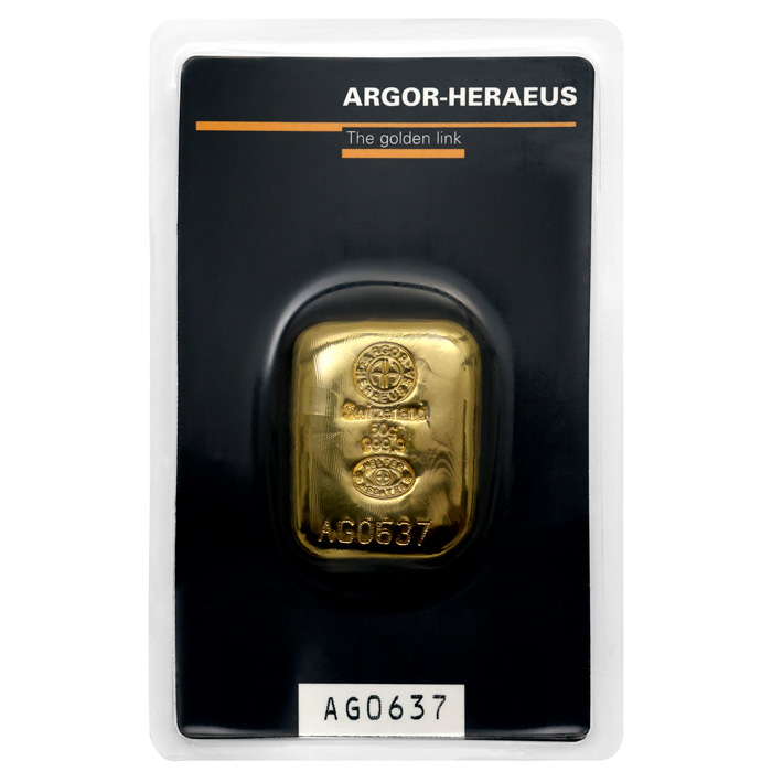 Přední strana 50g Argor Heraeus SA Švýcarsko Investiční zlatý slitek Litý