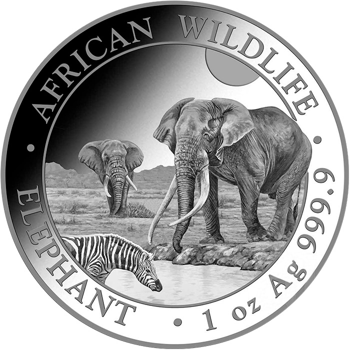 Přední strana Stříbrná investiční mince Slon africký Somálsko 1 Oz 2026