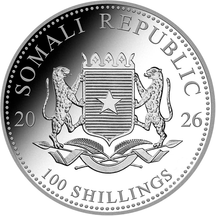 Zadní strana Stříbrná investiční mince Slon africký Somálsko 1 Oz 2026