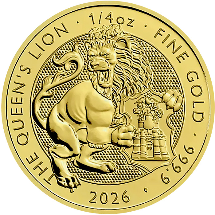 Přední strana Zlatá investiční mince The Royal Tudor Beasts - The Queen's Lion 1/4 Oz 2026