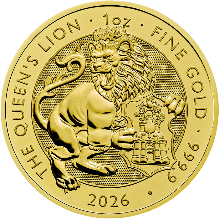 Přední strana Zlatá investiční mince The Royal Tudor Beasts - The Queen's Lion 1 Oz 2026