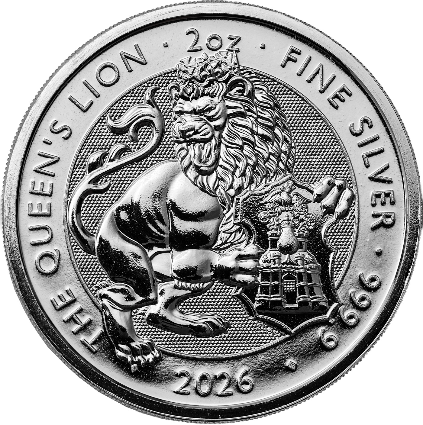 Přední strana Stříbrná investiční mince The Royal Tudor Beasts - The Queen's Lion 2 Oz 2026