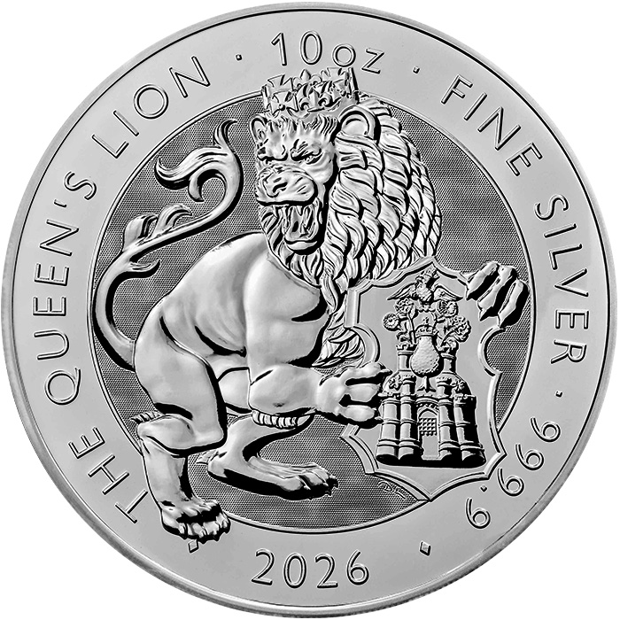 Přední strana Stříbrná investiční mince The Royal Tudor Beasts - The Queen's Lion 10 Oz 2026