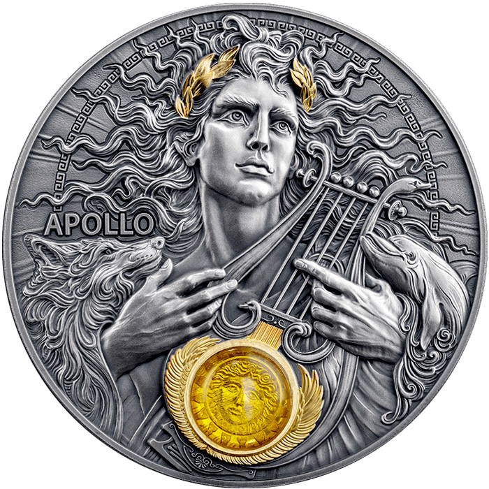 Přední strana Strieborná pozlátená minca Božské tváre Slnka - Apollón 3 Oz 2025 Antique Štandard